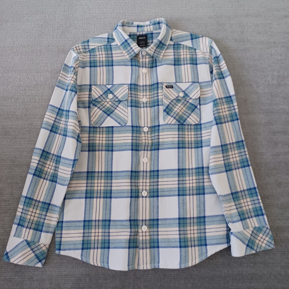 RVCA That'll Work‎ Flannel Shirt Mens L Blue Plaid Button Up Casual Midweight
